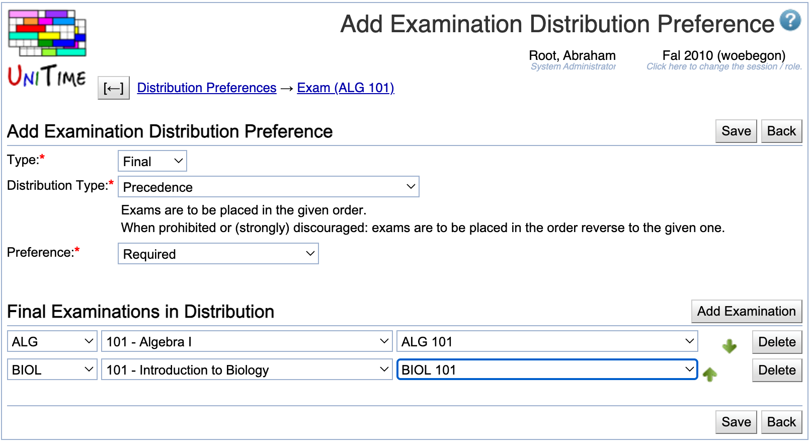 Add Examination Distribution Preference