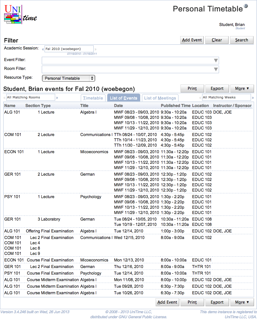 Event Timetable